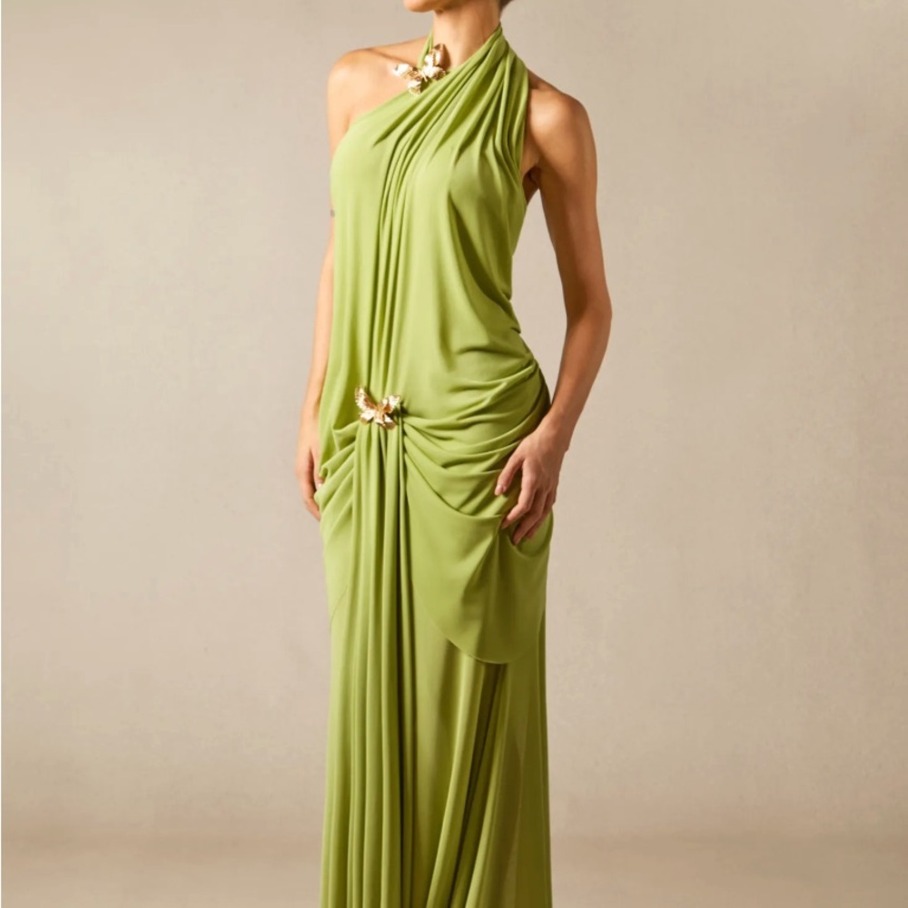 Asymmetrical One-Shoulder Draped Maxi Dress in Lime Green - Picture 2 of 7